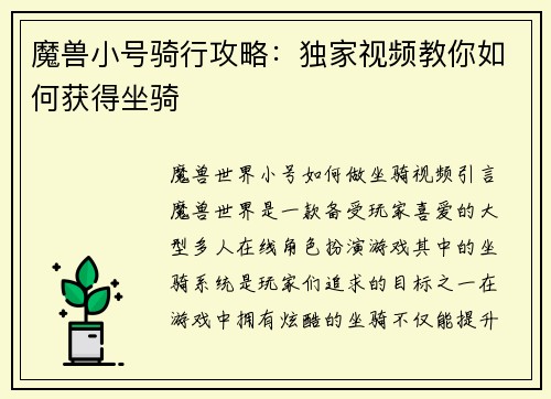 魔兽小号骑行攻略：独家视频教你如何获得坐骑