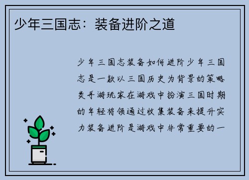 少年三国志：装备进阶之道